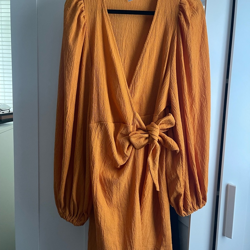H&M Yellow Ribbed Wrap Dress with Bishop Sleeves